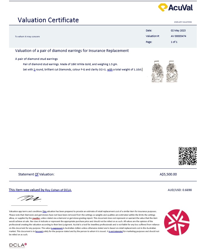 Written estimate of the approximate retail replacement value of a diamond or piece of diamond jewellery