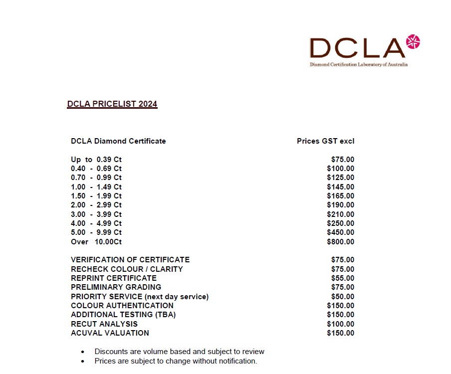 DCLA gemological testing and diamond grading reports price list