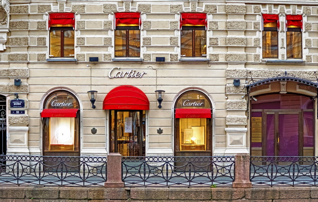 St Petersburg, Russia, November  11, 2020. Cartier shop window display close up. Luxury Cartier house in Russia.